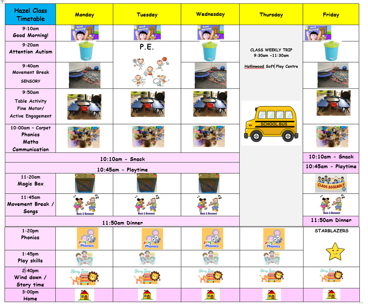 Hazel class weekly timetable Oak weekly timetable overview