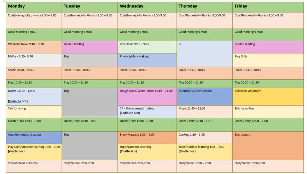 Oak weekly timetable overview