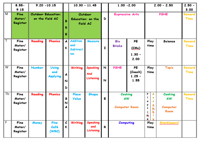 Pine Spring Pine class weekly timetable